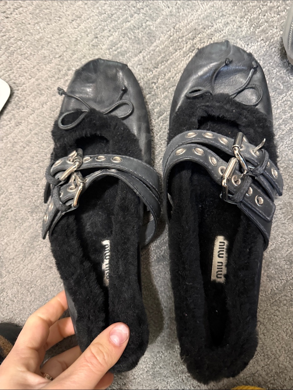 Miu Miu Black Leather Shearling-Trim Buckle Mules